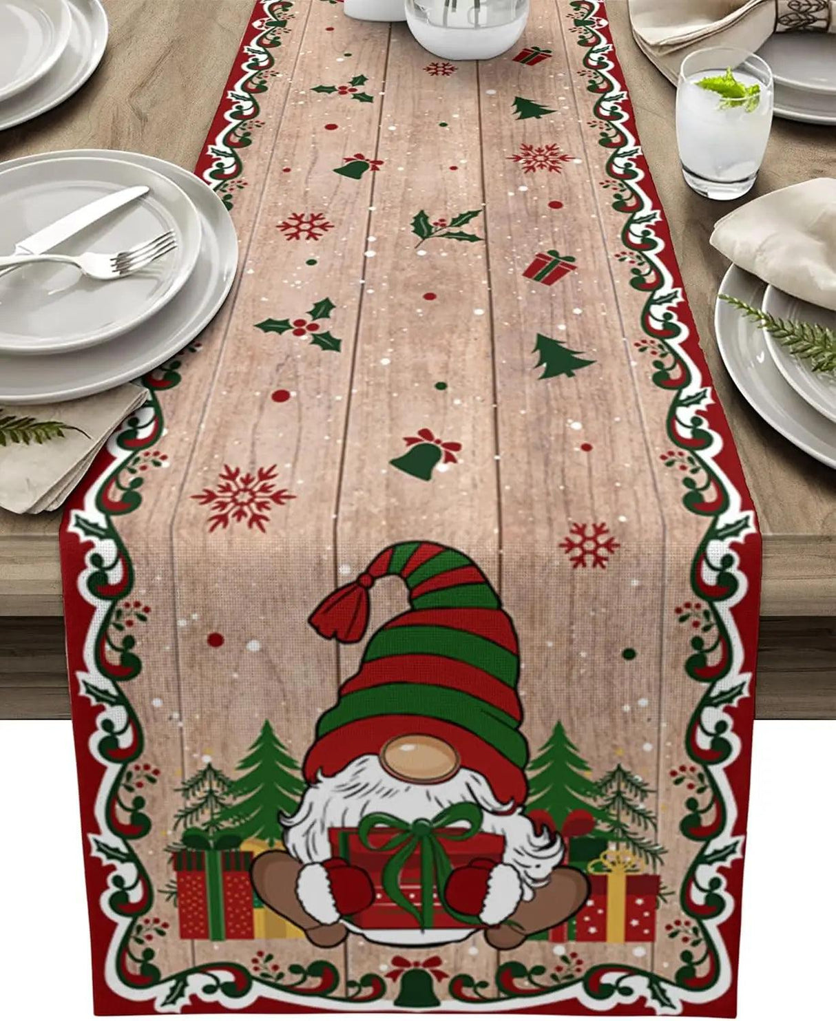 Christmas Tree Gnome & Golden Snowflake Table Runner