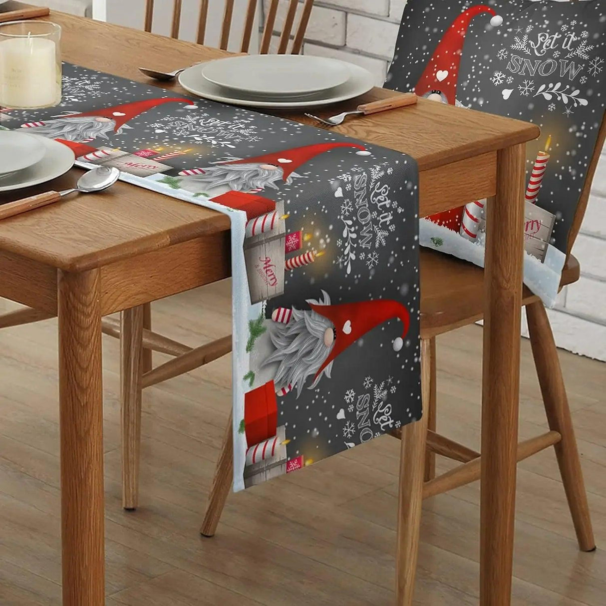 Christmas Gnome & Snowflake Linen Table Runner