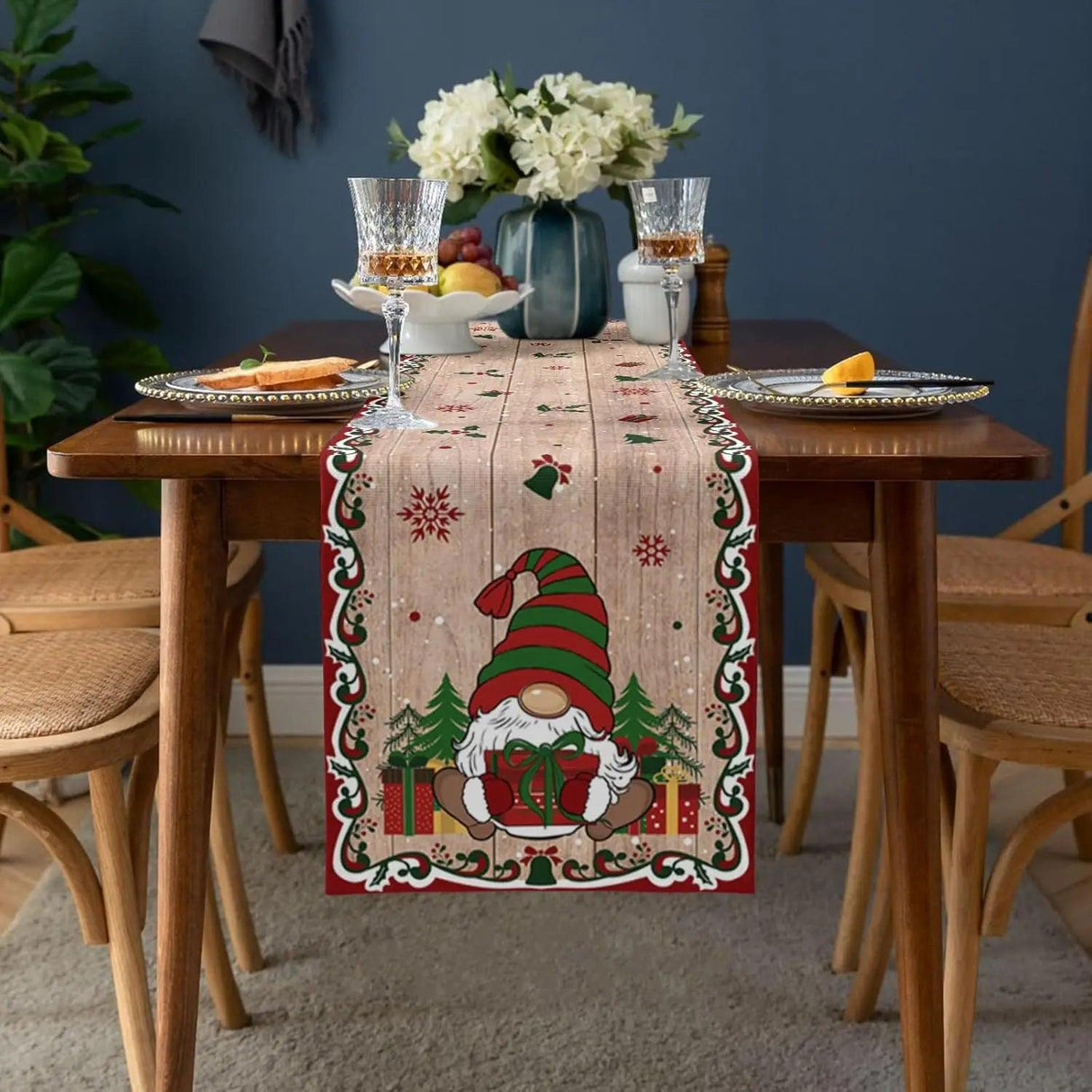 Christmas Tree Gnome & Golden Snowflake Table Runner