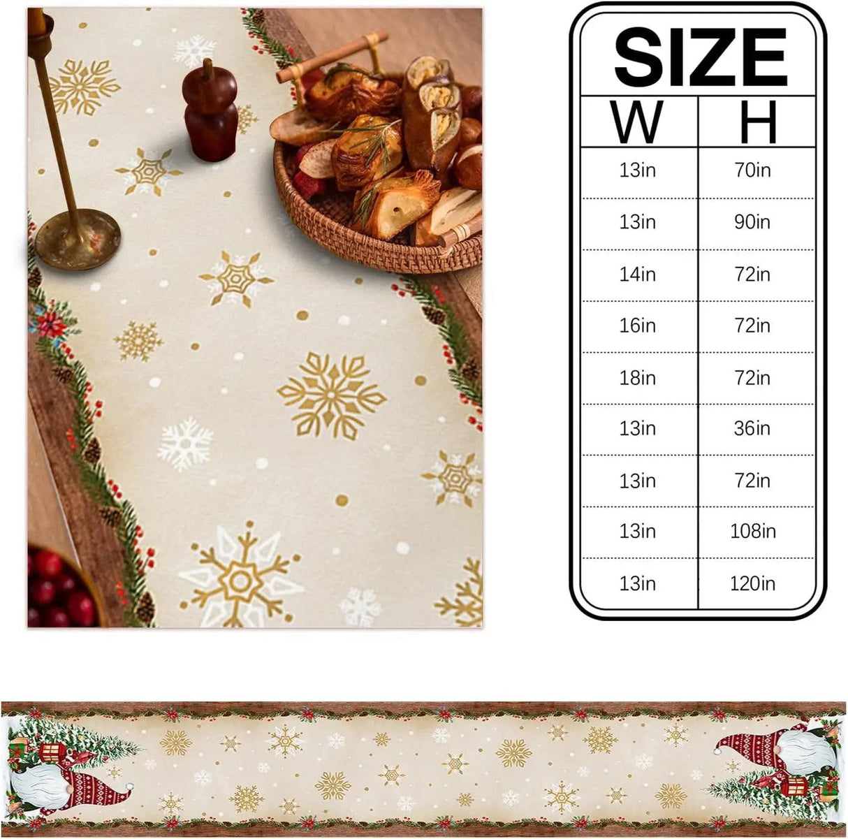 Christmas Tree Gnome & Golden Snowflake Table Runner