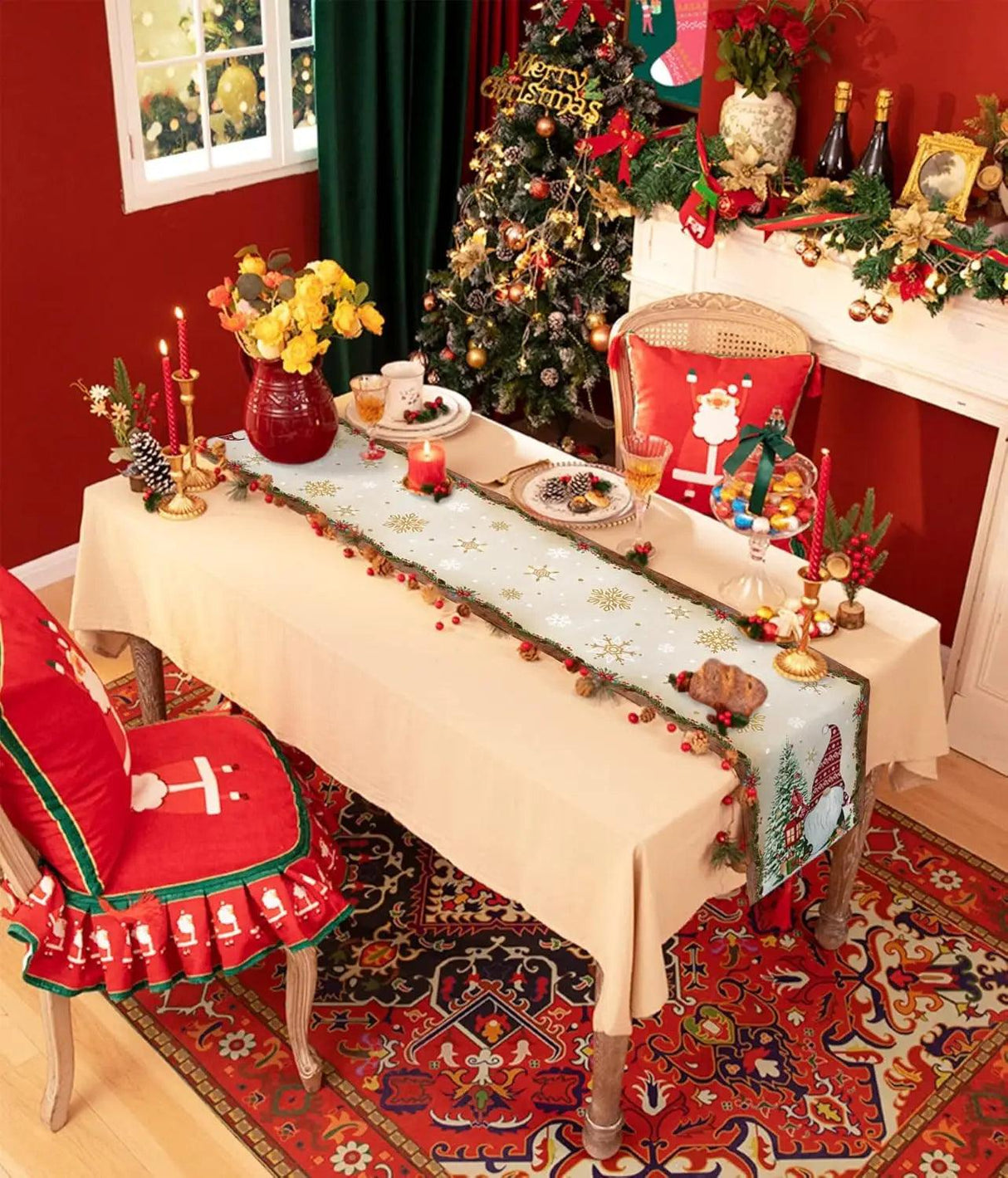 Christmas Tree Gnome & Golden Snowflake Table Runner