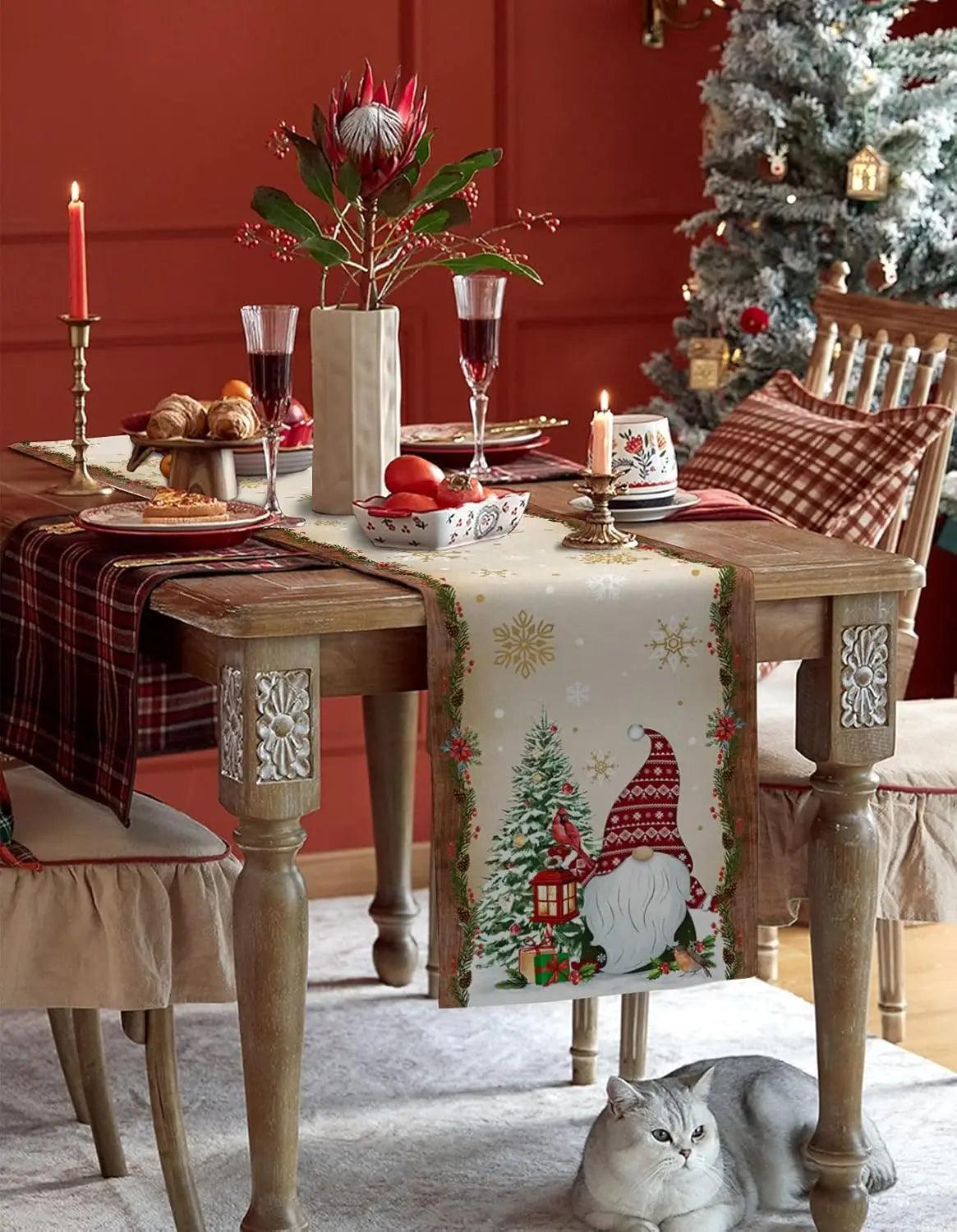 Christmas Tree Gnome & Golden Snowflake Table Runner