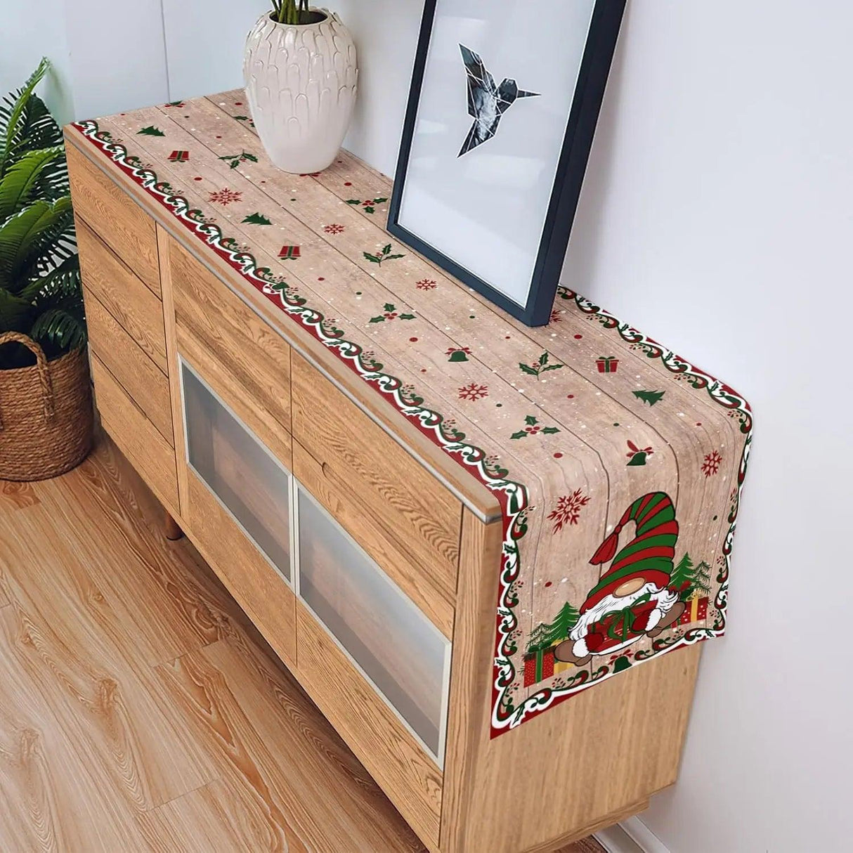 Christmas Tree Gnome & Golden Snowflake Table Runner