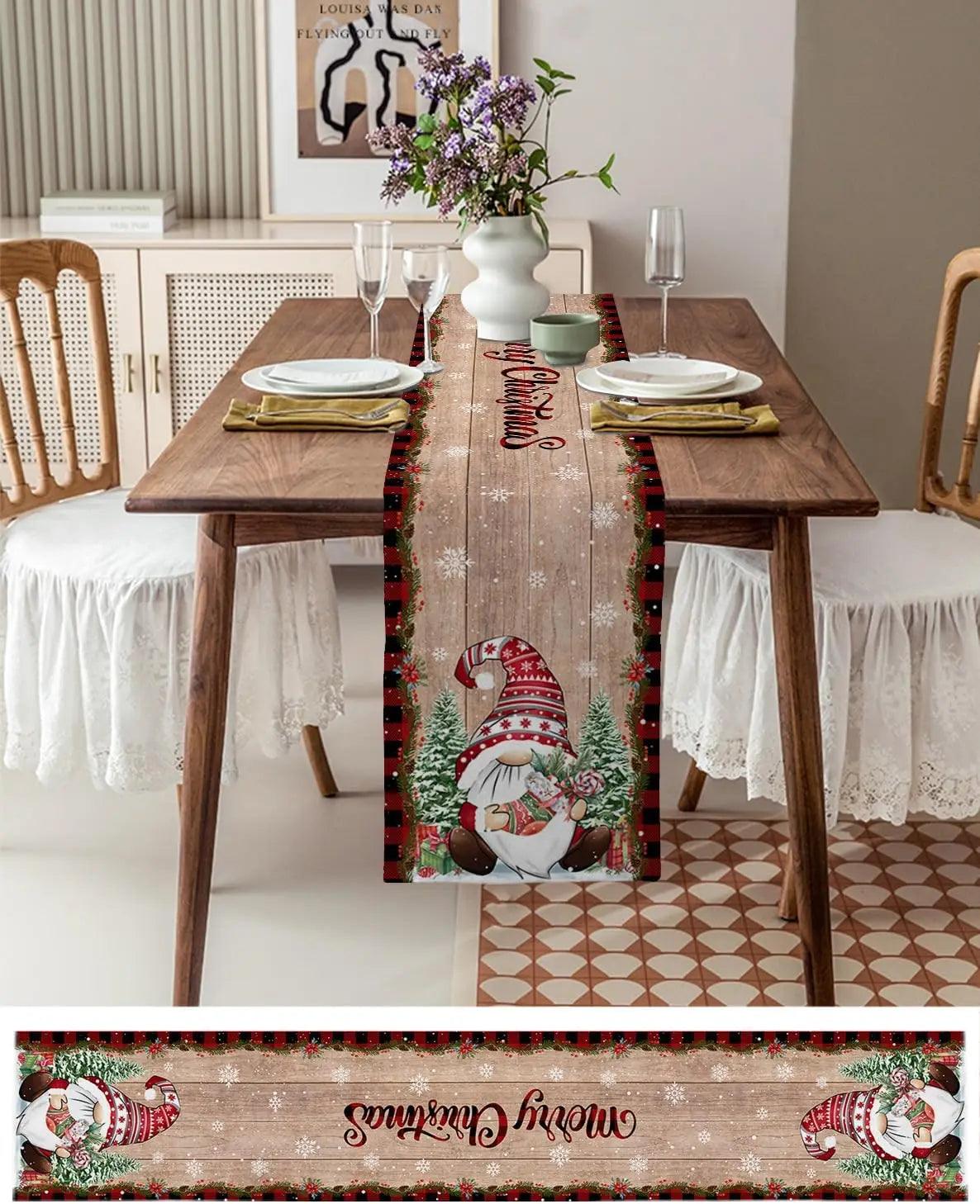 Christmas Tree Gnome & Golden Snowflake Table Runner