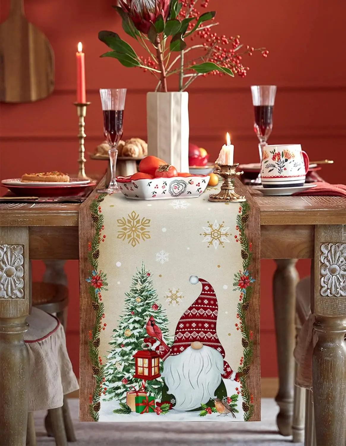 Christmas Tree Gnome & Golden Snowflake Table Runner