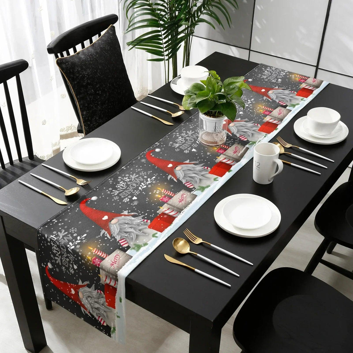 Christmas Gnome & Snowflake Linen Table Runner