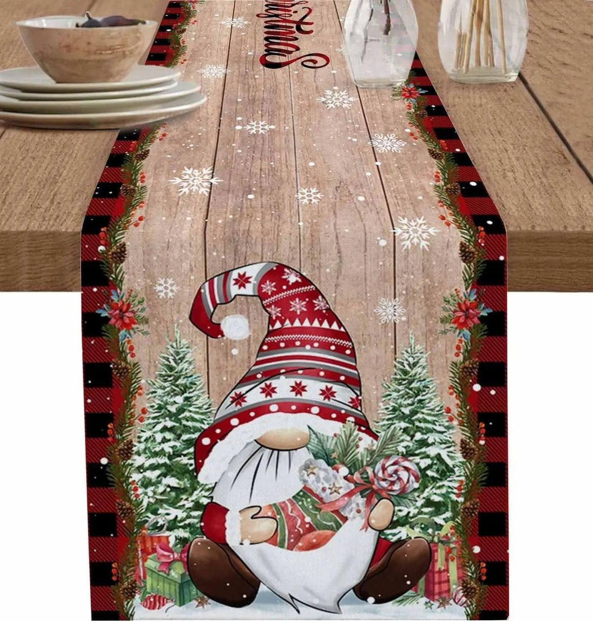 Christmas Tree Gnome & Golden Snowflake Table Runner