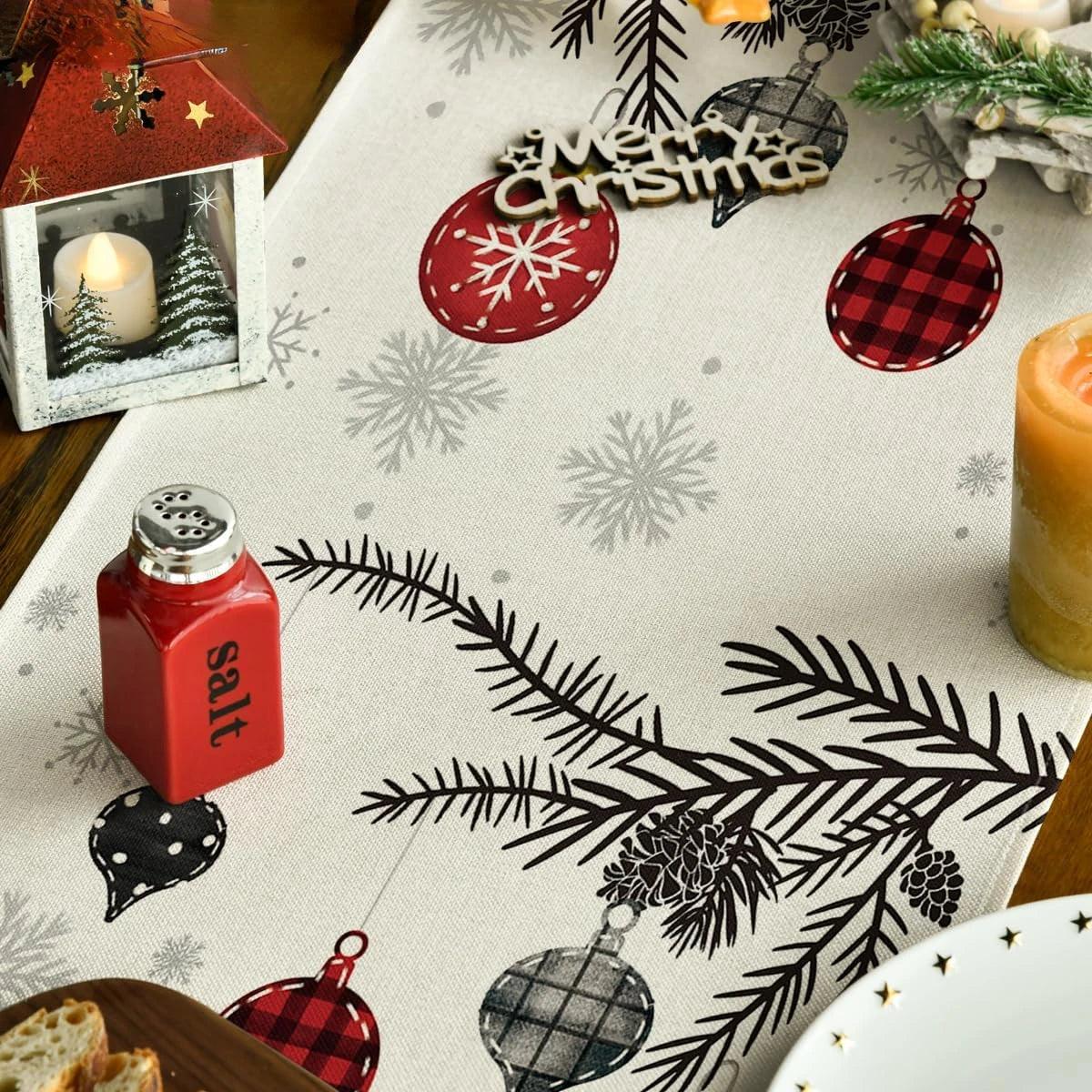 Merry Christmas Red Pine Trees Linen Table Runner