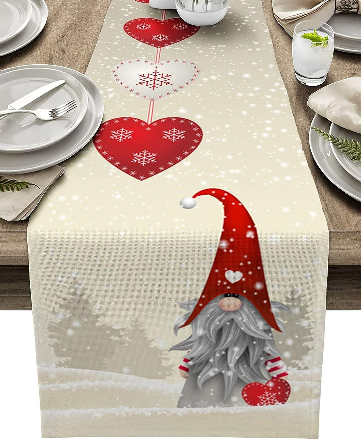 Christmas Snowflakes & Gnome Linen Table Runner