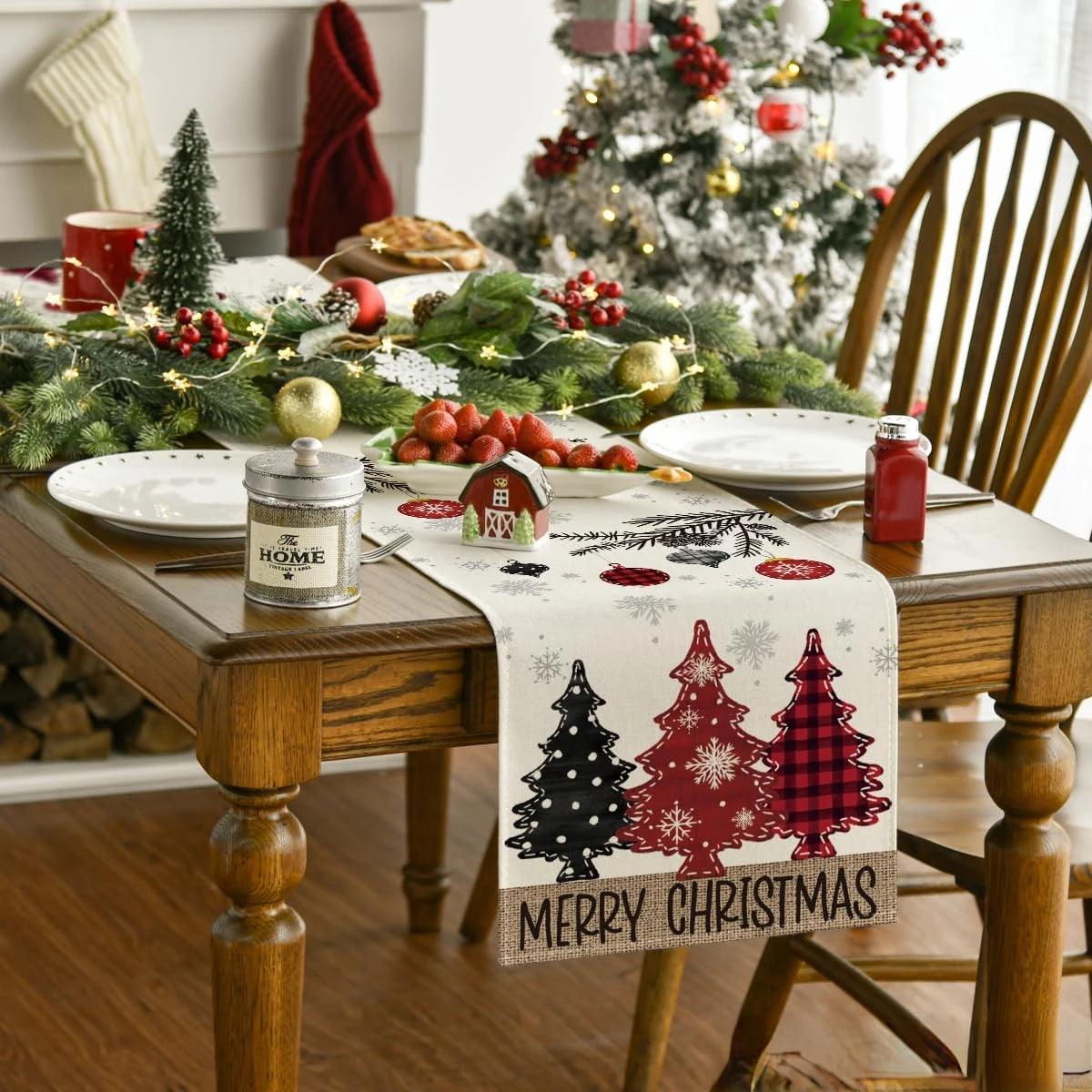 Merry Christmas Red Pine Trees Linen Table Runner