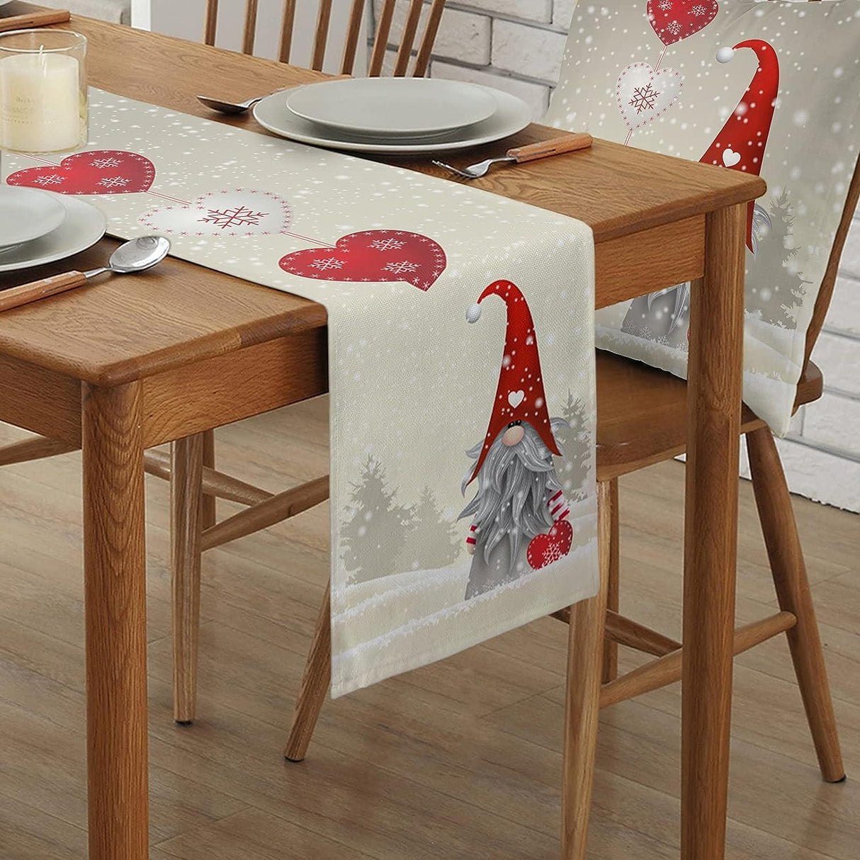 Christmas Snowflakes & Gnome Linen Table Runner