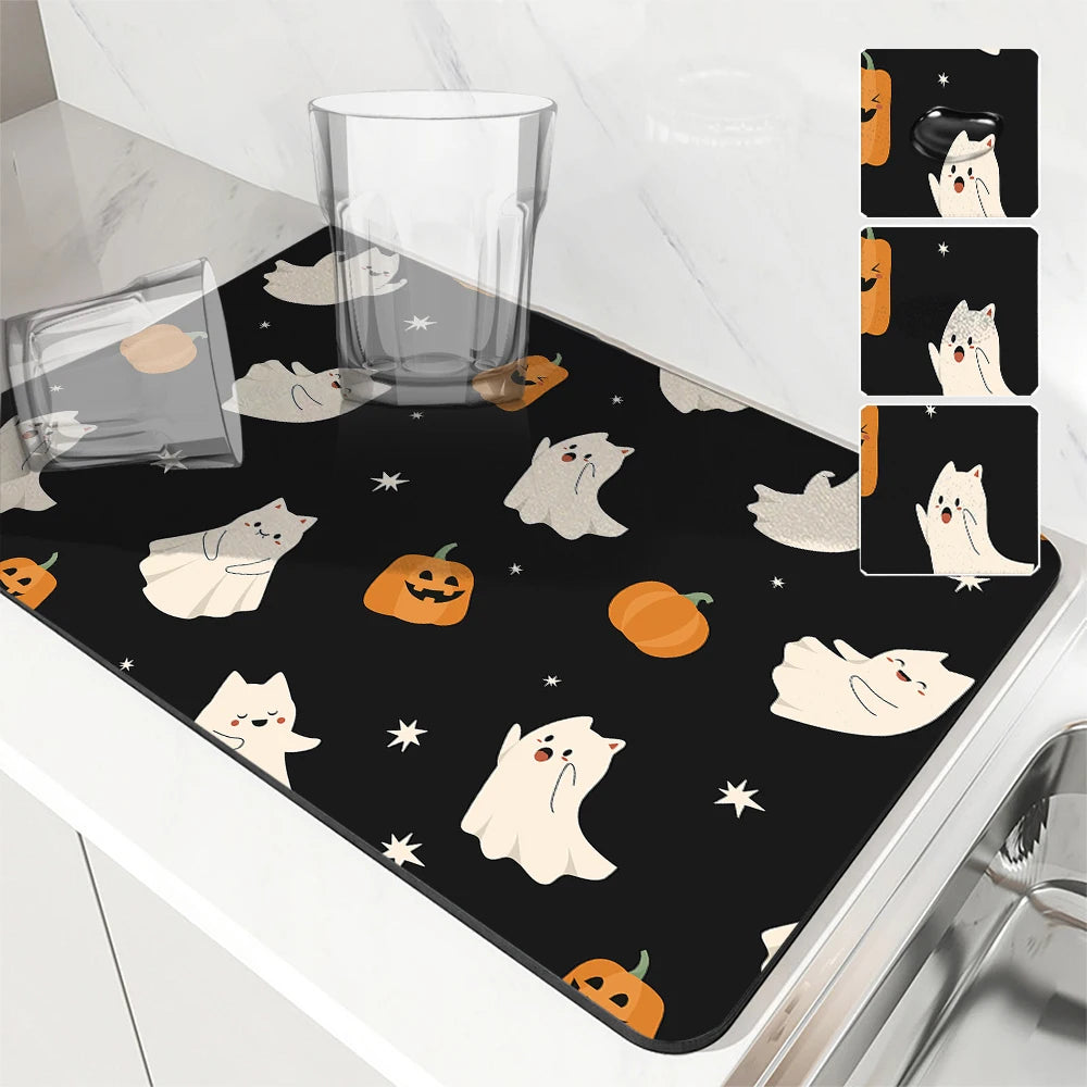 Absorbent Halloween Ghost Coffee & Dish Draining Mat