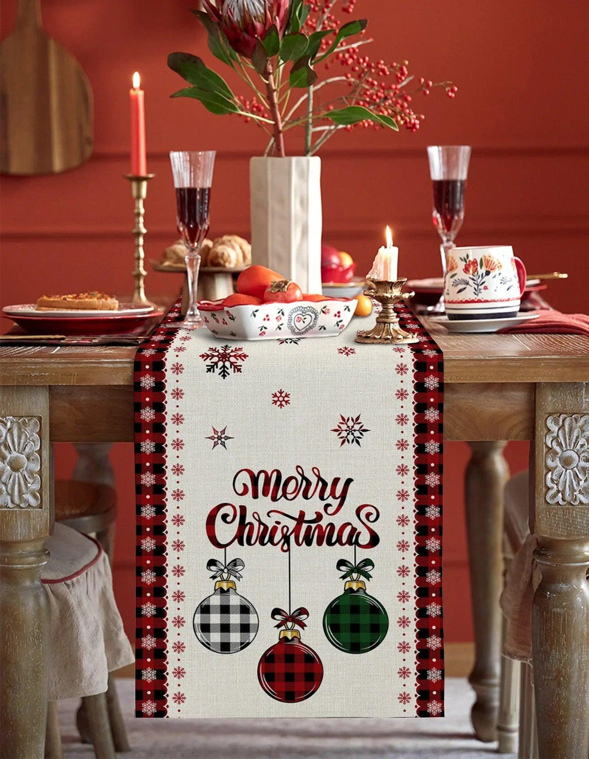 Merry Christmas Tree & Bauble Linen Table Runner