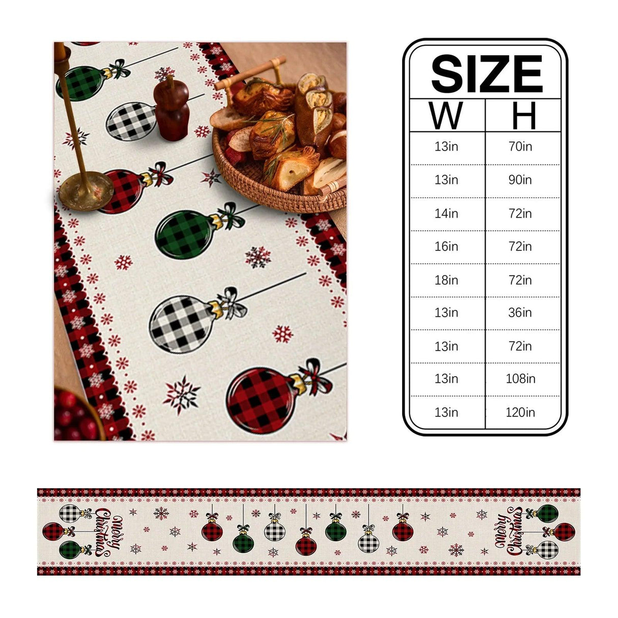 Merry Christmas Tree & Bauble Linen Table Runner