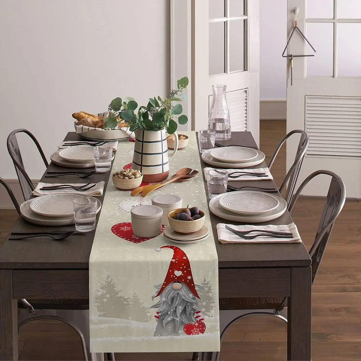 Christmas Snowflakes & Gnome Linen Table Runner