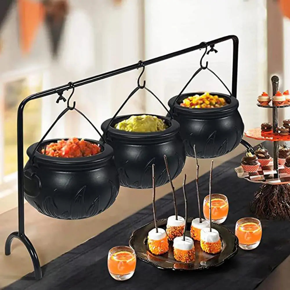 Halloween Set of 3 Witches Cauldron Serving Bowls with Rack