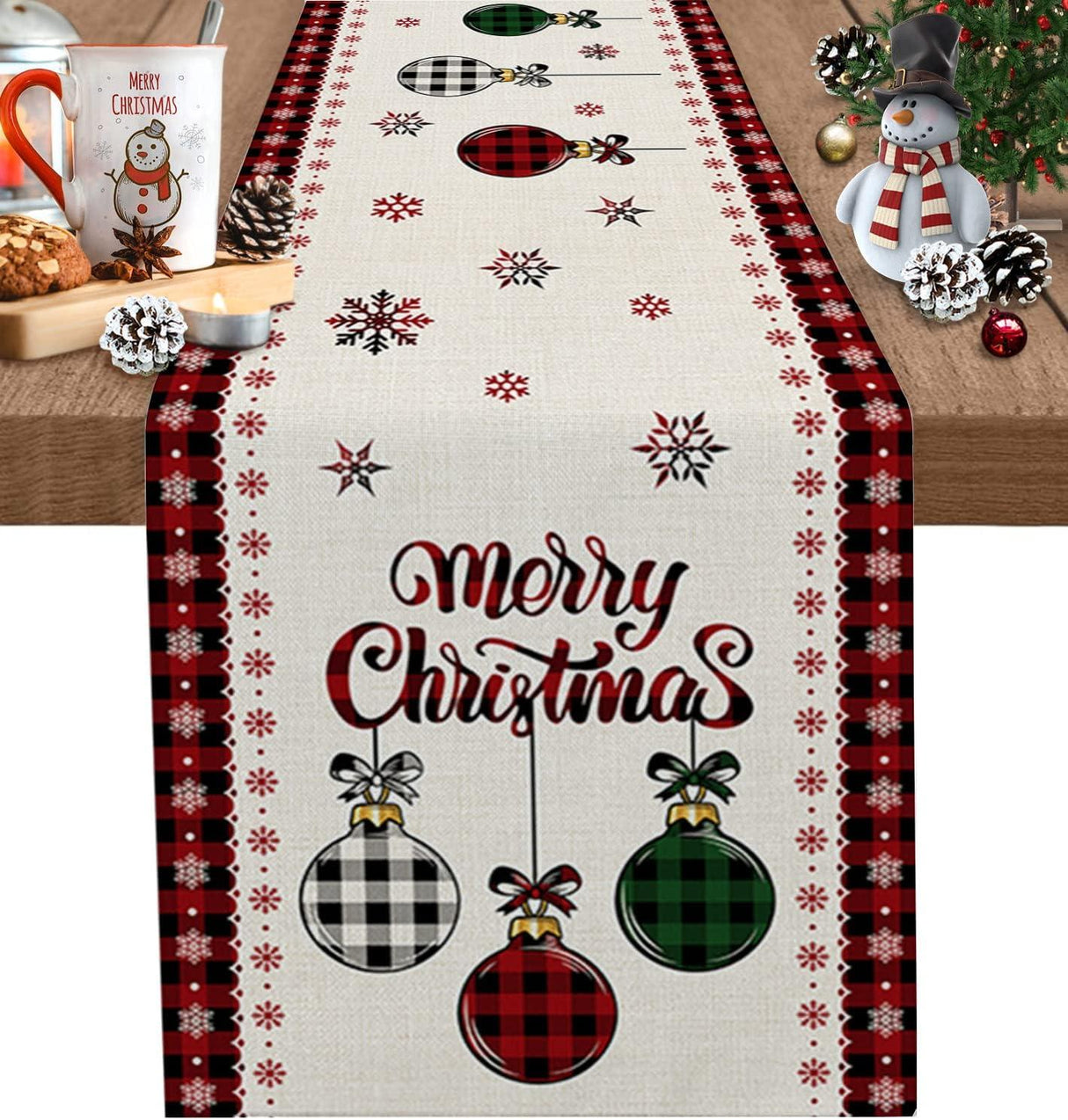 Merry Christmas Tree & Bauble Linen Table Runner