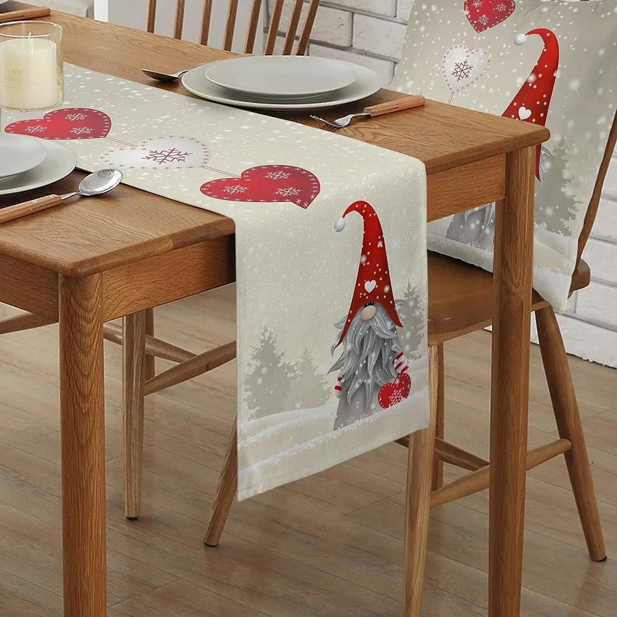 Christmas Snowflakes & Gnome Linen Table Runner