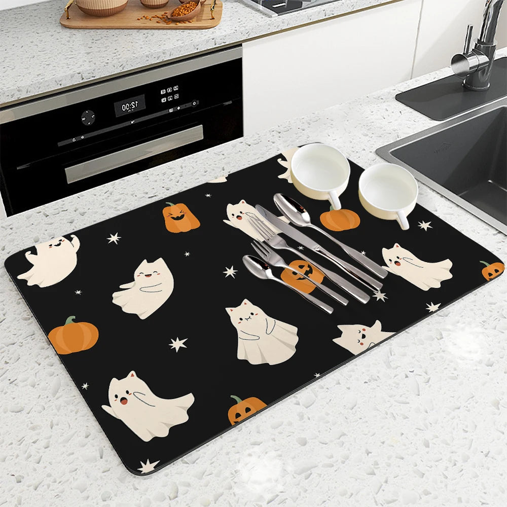 Absorbent Halloween Ghost Coffee & Dish Draining Mat