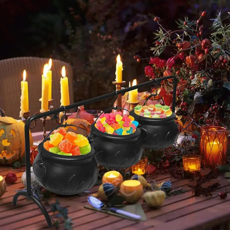 Halloween Set of 3 Witches Cauldron Serving Bowls with Rack