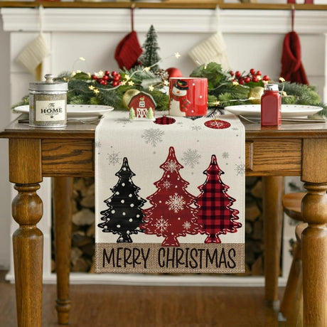 Merry Christmas Red Pine Trees Linen Table Runner